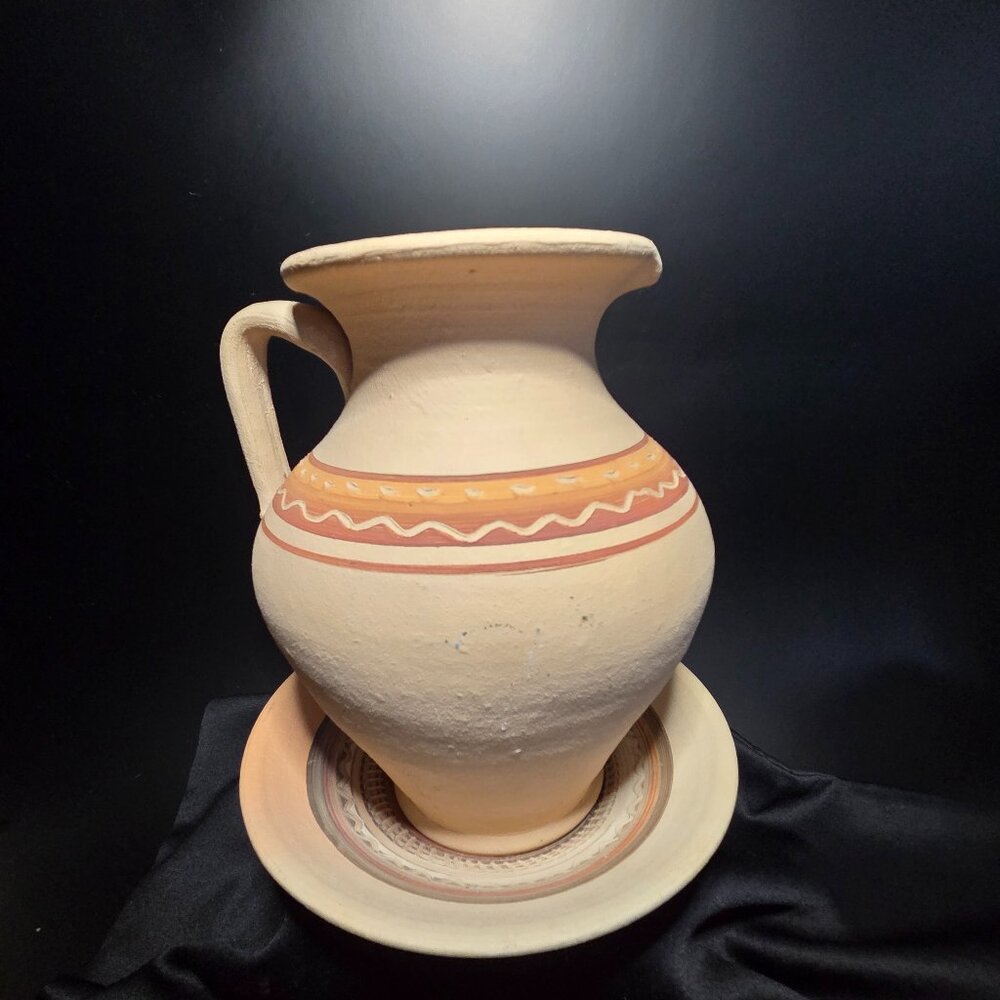 Polish Folk Pottery Pitcher and Plate (Chalupnik)